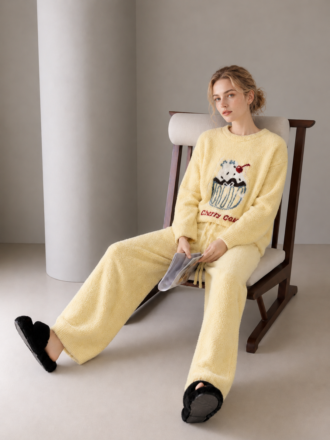 Women's Cream Yellow Half Fleece Loungewear Set, Crew Neck Long Sleeve Top & Drawstring Wide Leg Pants, Cherry Cupcake Print, Soft Half Fleece Fabric