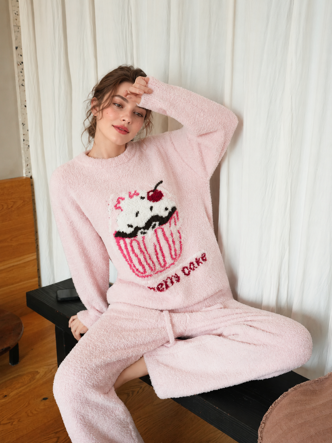 Women's Pink Half Fleece Loungewear Set, Crew Neck Long Sleeve Top & Drawstring Wide Leg Pants, Cherry Cupcake Graphic, Side Pocket Detail