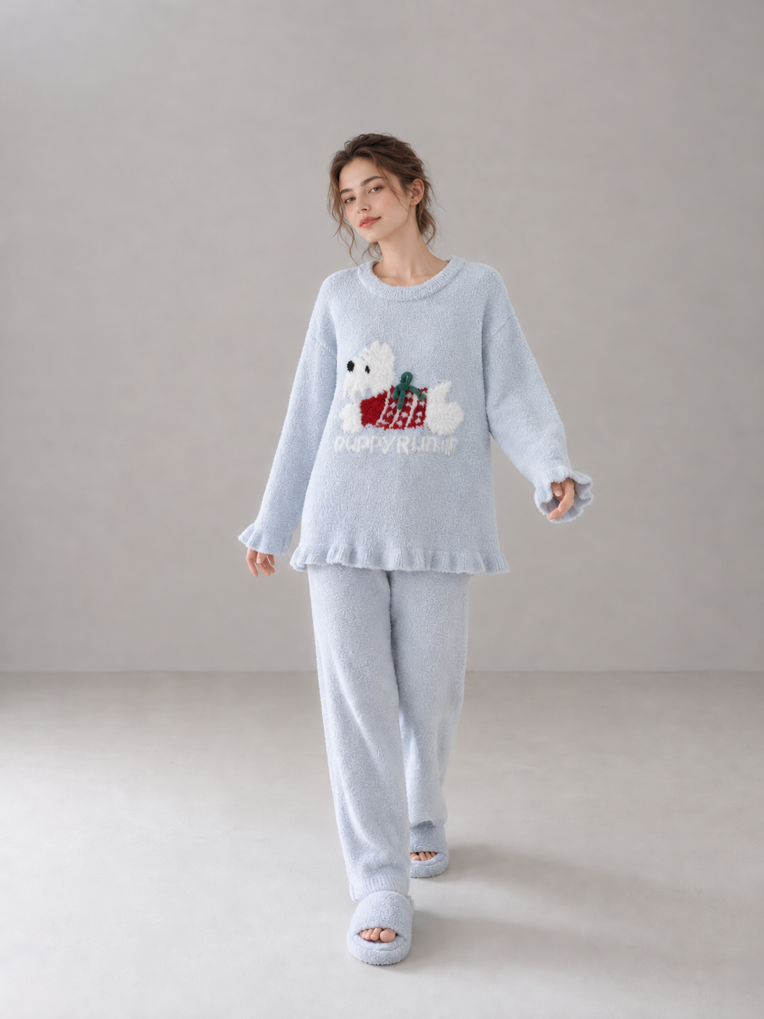 Women's Light Blue and White Half Fleece Loungewear Set, Crew Neck Long Sleeve Pullover Top & Wide Leg Pants, Puppy with Bow Jacquard, Letter Jacquard Detail