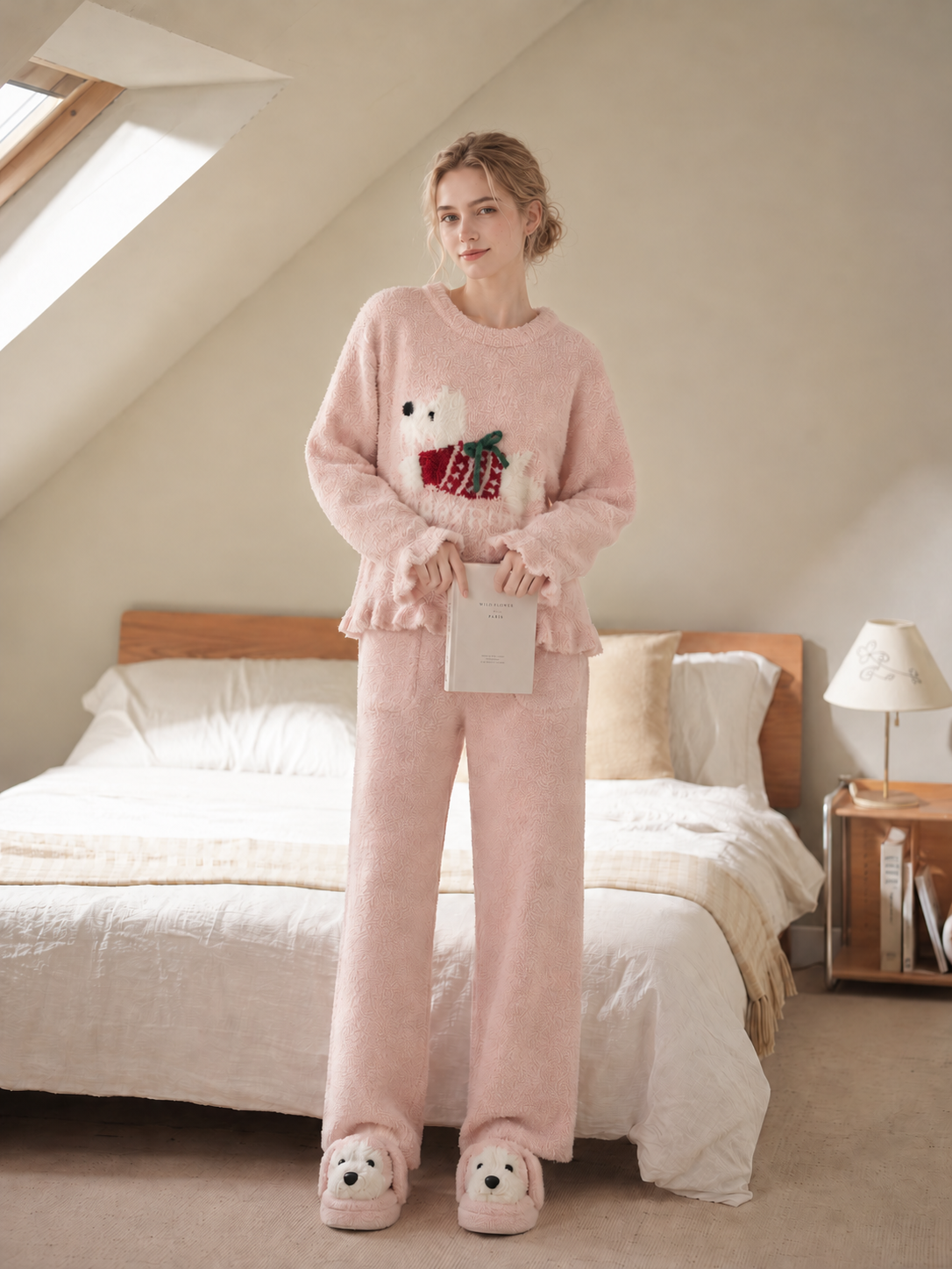 Women's Pink and White Half Fleece Loungewear Set, Crew Neck Long Sleeve Pullover Top & Wide Leg Pants, Puppy with Bow Jacquard, Letter Jacquard Detail