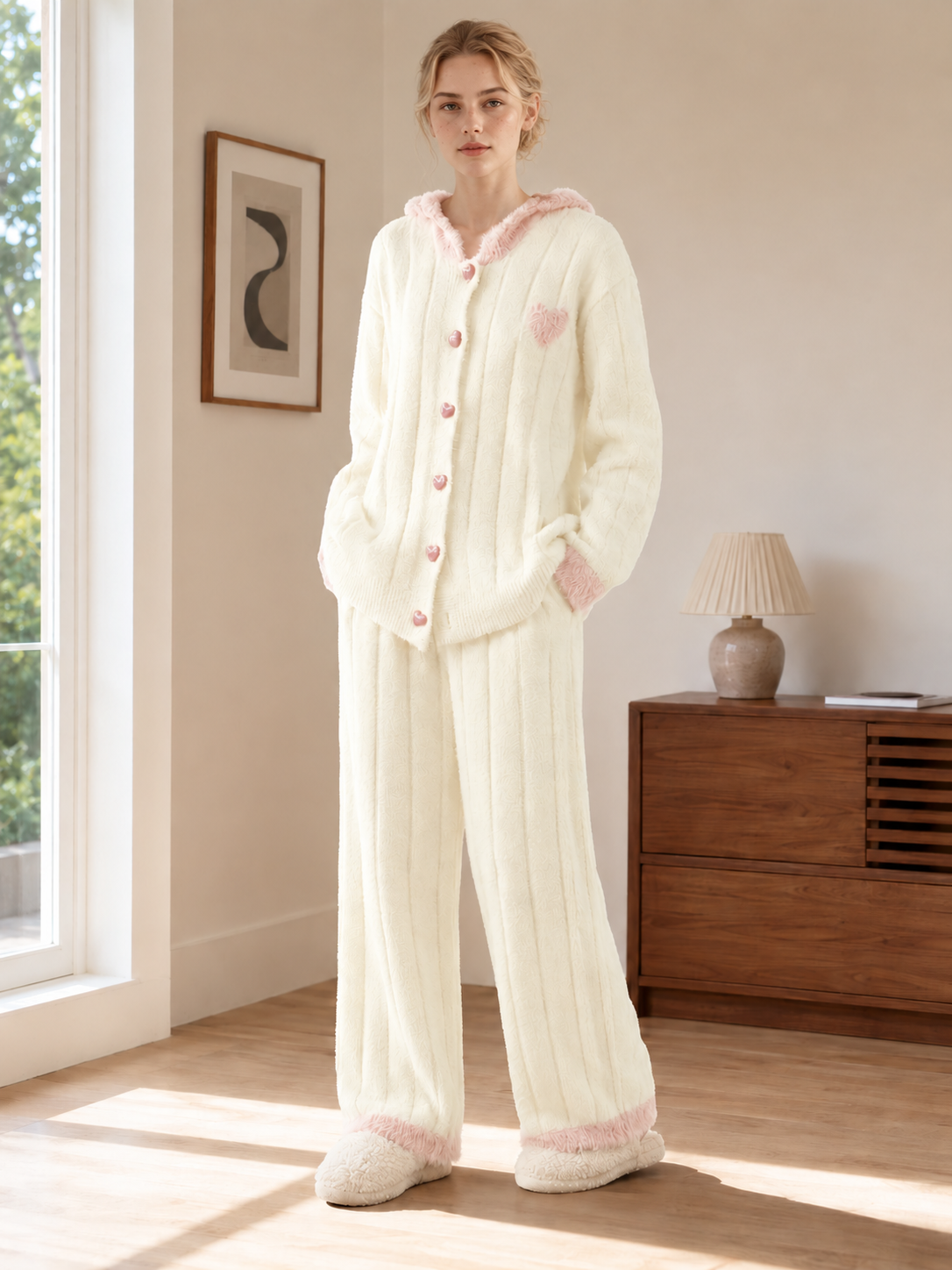 Women's Off-White and Pink Half Fleece Loungewear Set, Bunny Ear Hooded Button Front Cardigan & Wide Leg Pants, Vertical Ribbed Texture, Contrast Pink Furry Trim