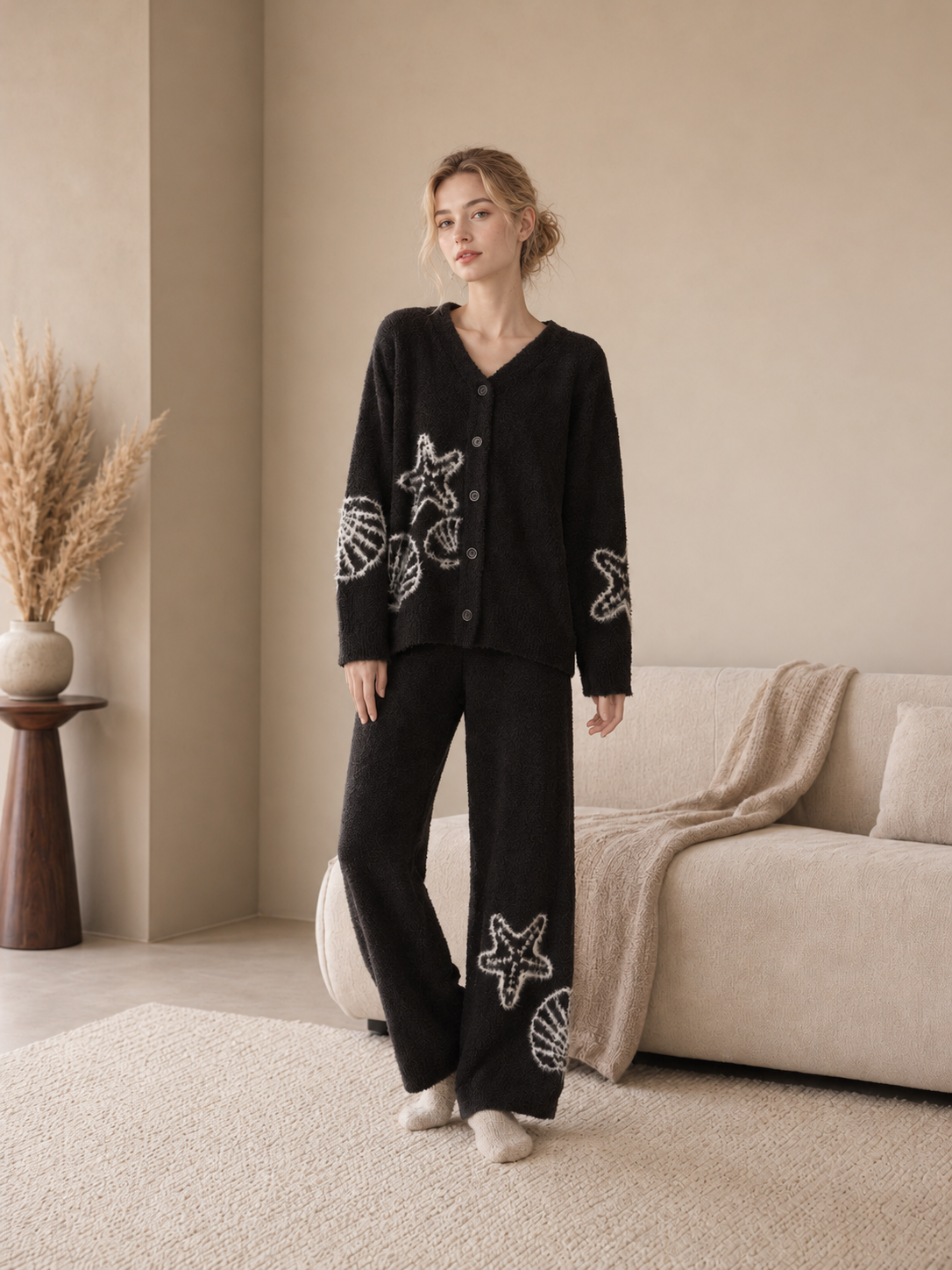 Women's Black Half Fleece Pajama Set, V-neck Long Sleeve Top & Wide Leg Trousers, Starfish & Seashell Pattern, Full Front View