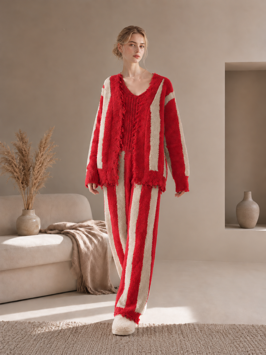 Women's Red & Khaki Half Fleece Loungewear Set, 3-Piece Vertical Stripe Frayed Edge Cardigan & Pocketed Wide Leg Trousers, Full Length Front View