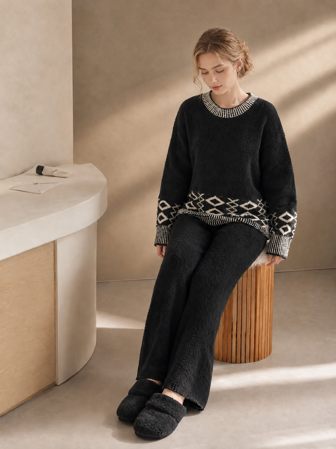 Women's Black Half Fleece Pajama Set, Contrast Ribbed Hem Diamond Pattern Top & Straight Leg Pants, Full Length Front View