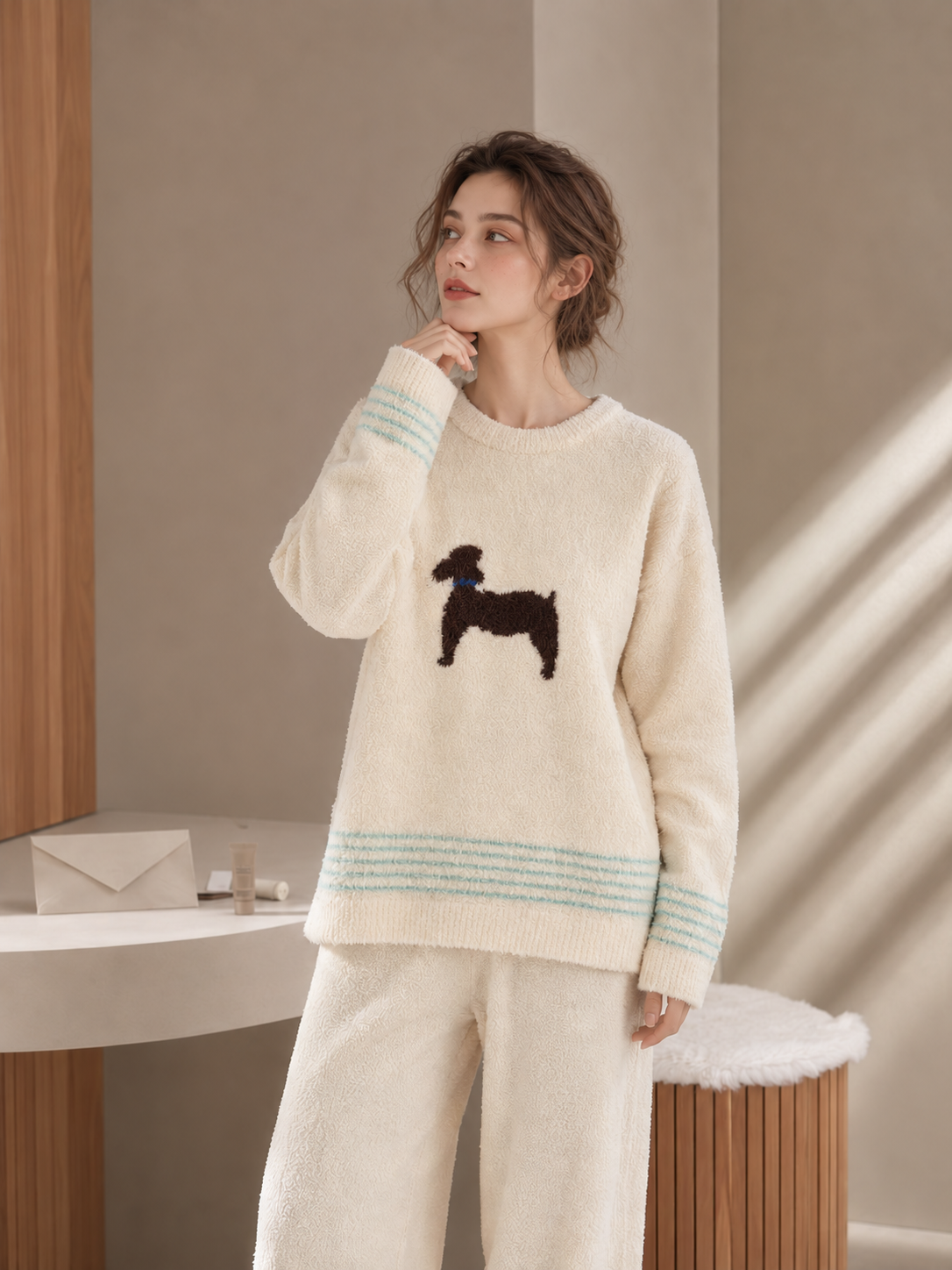 Women's Cream White Half Fleece Pajama Set, Puppy Intarsia & Stripe Trim Crew Neck Top, Upper Body Close-up View