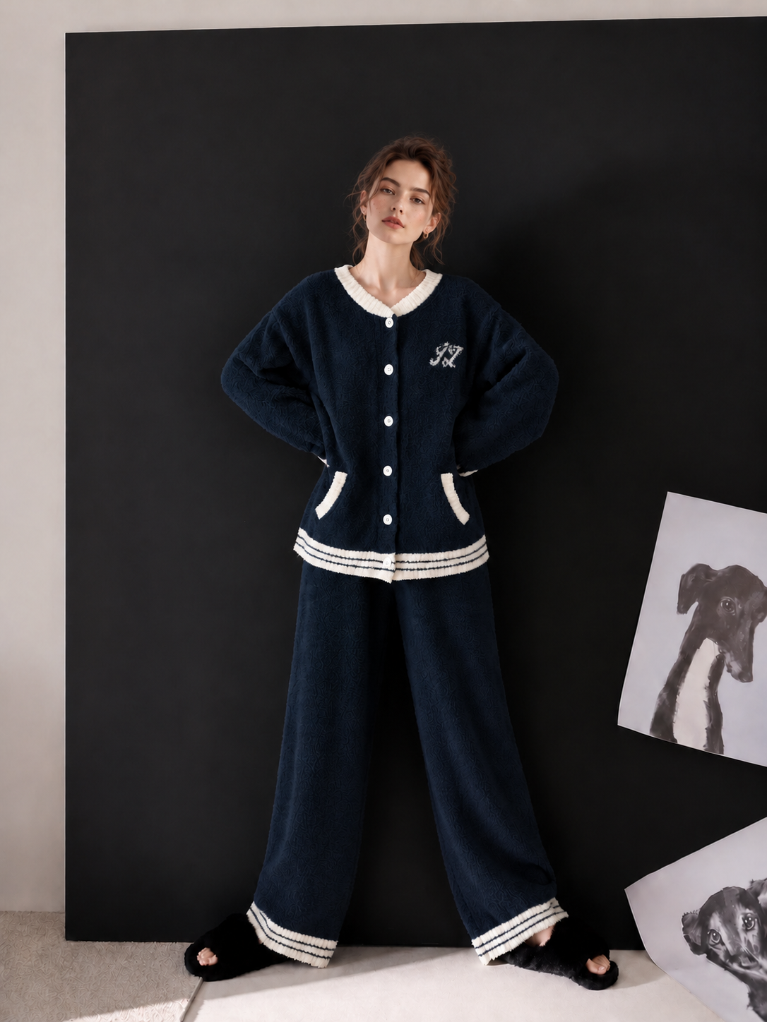 Navy Blue & Cream Half Fleece Pajama Set, Long Sleeve Button Front Top with Contrast Trim, Elastic Waist Long Pants