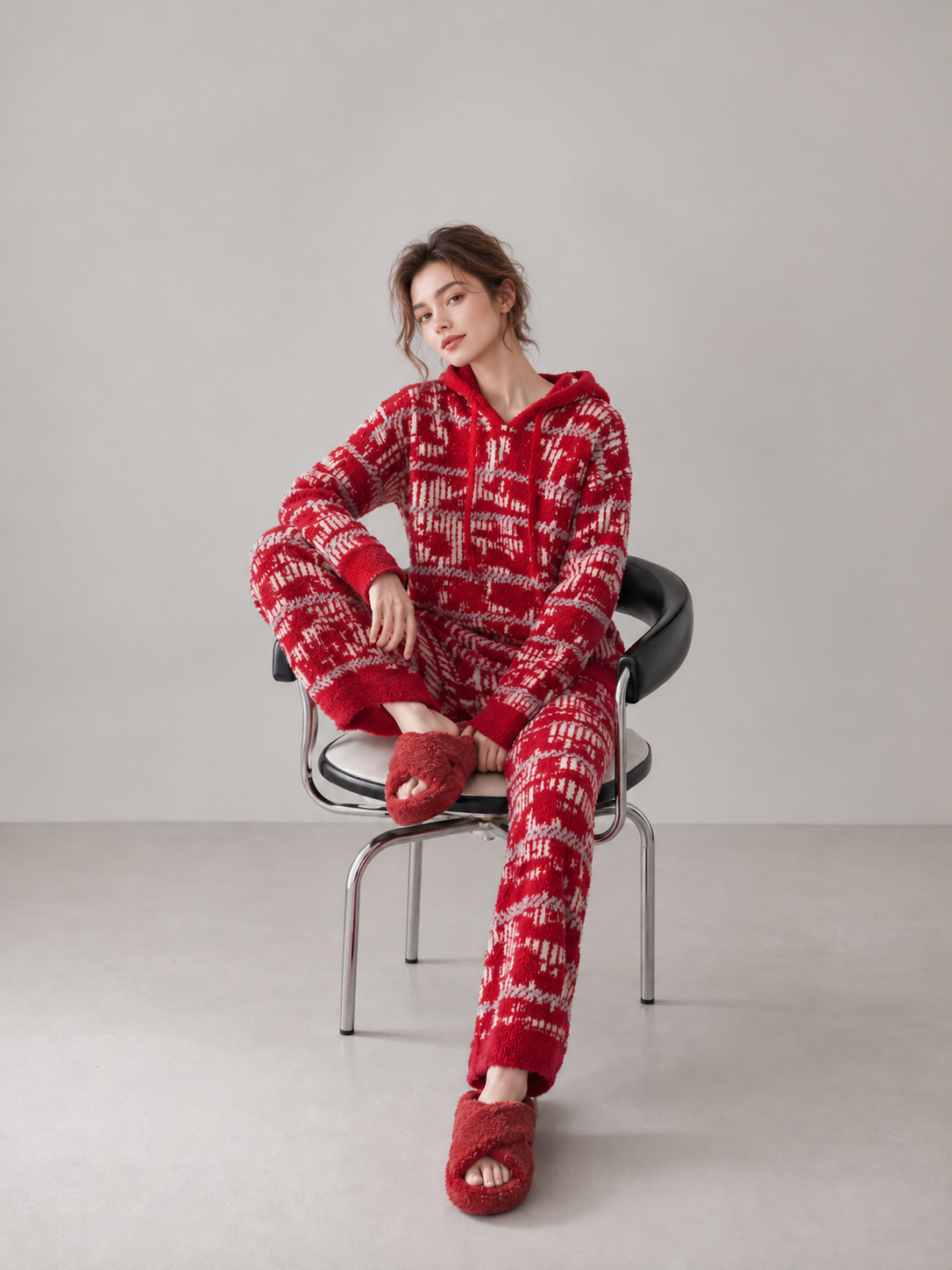 Women's Red and Off-White Half Fleece Loungewear Set, Hooded Long Sleeve Top & Wide Leg Pants, Geometric Jacquard Pattern with Ribbed Cuffs