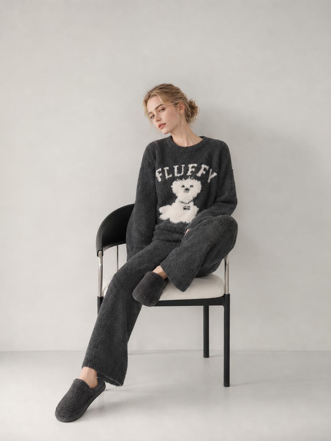 Women's Dark Gray Half Fleece Loungewear Set, Round Neck Long Sleeve Top & Wide Leg Trousers with Pockets, Puppy and Letter Jacquard Pattern