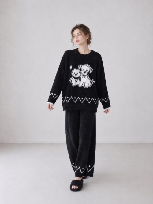 Women's Black Half Fleece Sleepwear Set, Crew Neck Long Sleeve Top & Wide Leg Pants, Chest Puppy Jacquard with Zigzag Trim Pattern
