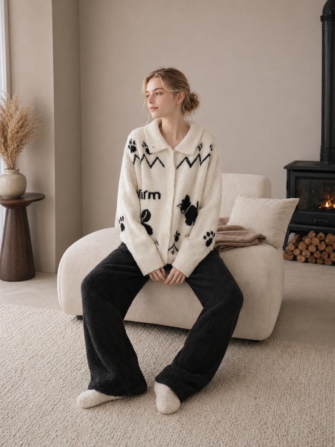 Women's Cream & Black Half Fleece Sleepwear Set, Collared Button Long Sleeve Top & Wide Leg Pants, Puppy Paw Print with Zigzag Trim Jacquard
