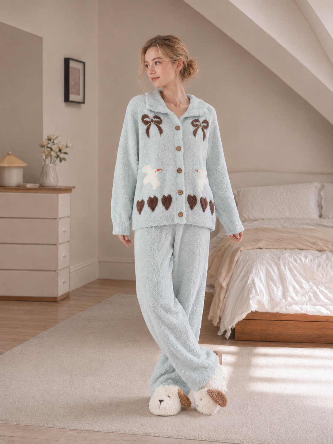 Women's Light Blue Half Fleece Sleepwear Set, Collared Button Long Sleeve Top & Wide Leg Pants, Bow Motif with Heart Dove Jacquard