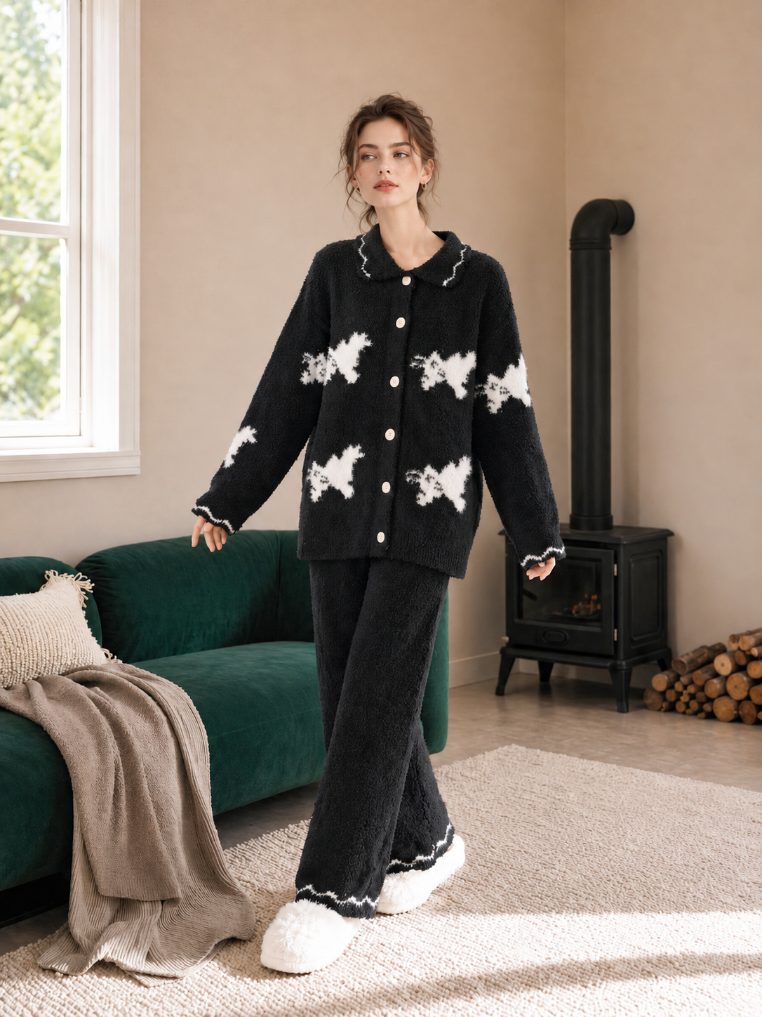 Women's Black Half Fleece Loungewear Set, Scalloped Collar Button Long Sleeve Top & Wide Leg Pants, Puppy Jacquard Pattern Detail