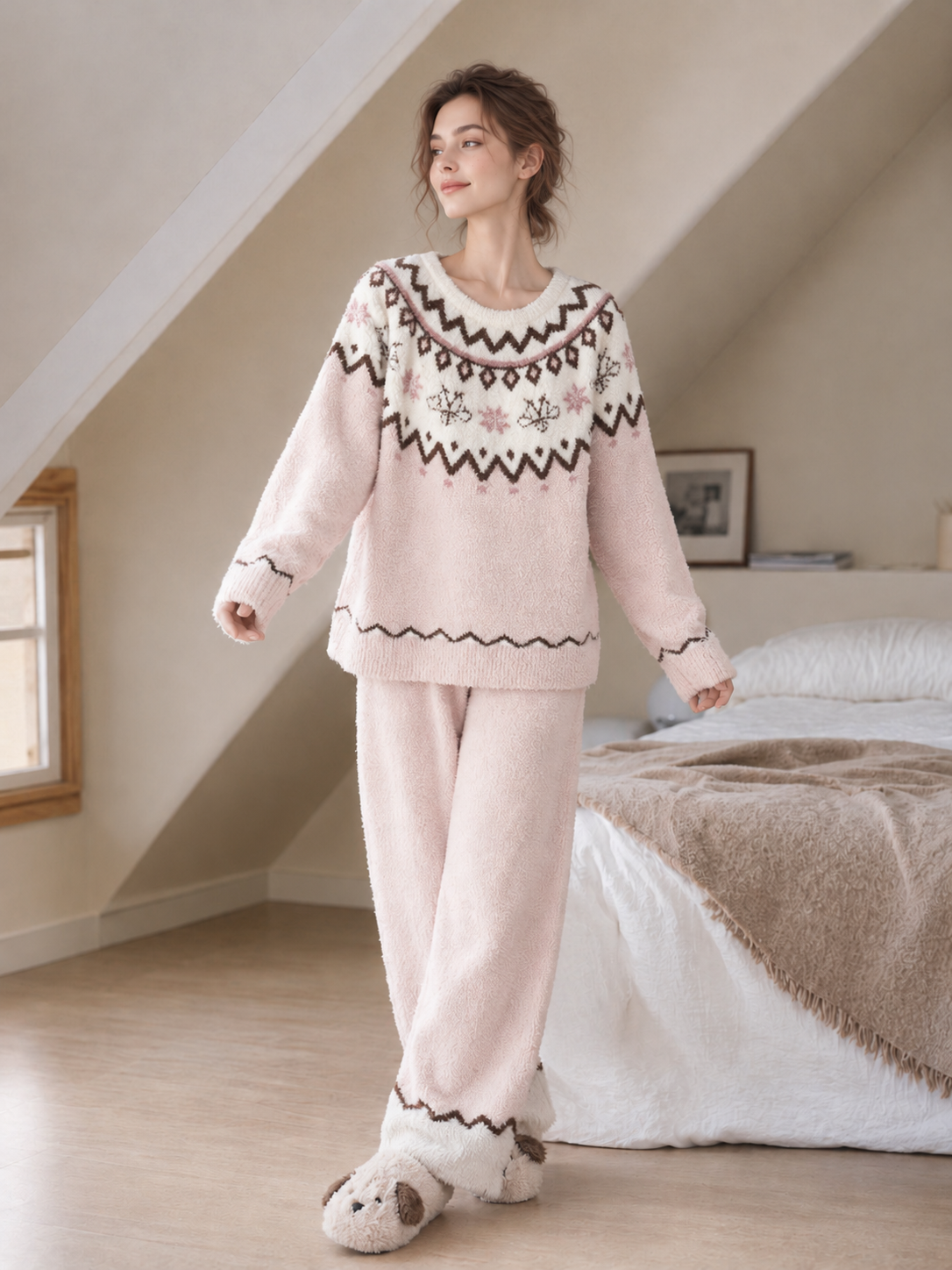 Women's Pink & Cream Half Fleece Pajama Set, Round Neck Long Sleeve Fair Isle Pattern Top & Wide Leg Trousers, Contrast Hem Detail