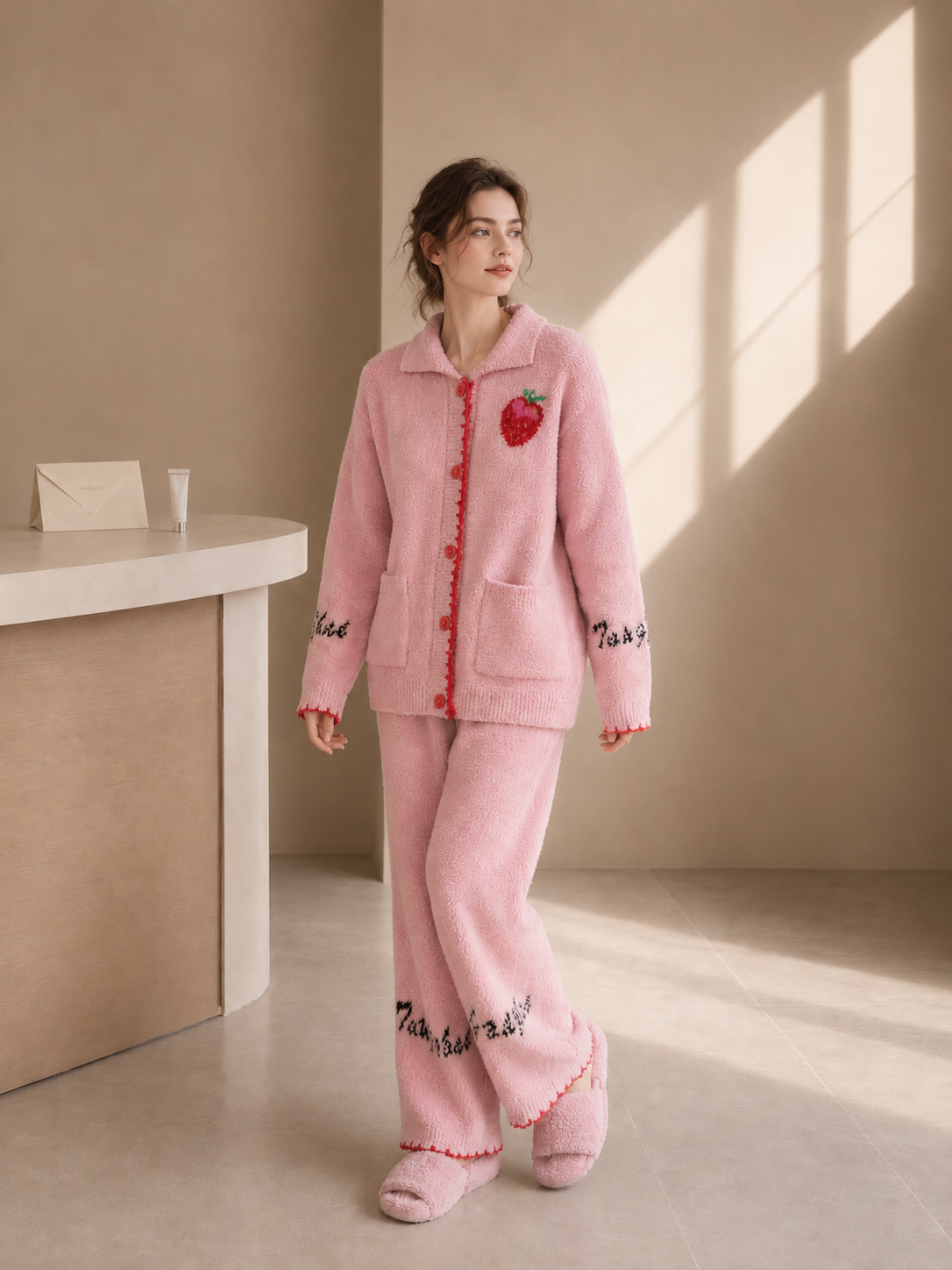 Women's Pink Half Fleece Loungewear Set, Lapel Collar Button Front Long Sleeve Top & Elastic Waist Wide Leg Pants, Strawberry & Letter Embroidery, Contrast Shell Trim & Pocket Detail