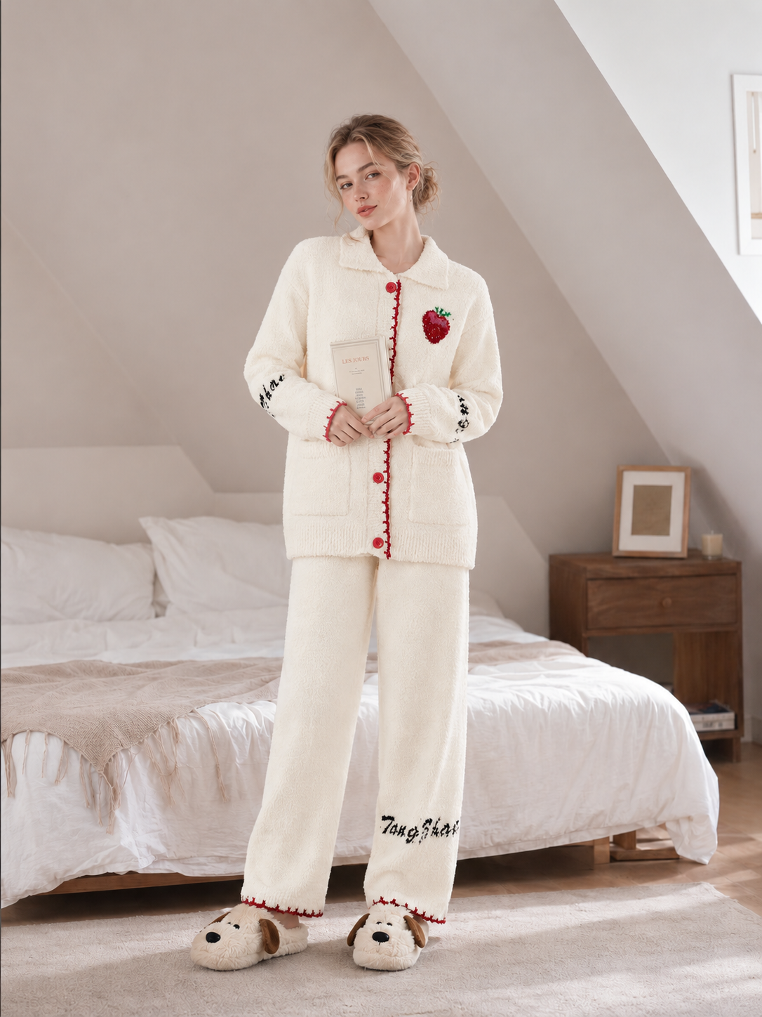 Women's Off-White Half Fleece Loungewear Set, Shirt Collar Full Placket Long Sleeve Top & Elastic Waist Wide Leg Pants, Strawberry & Letter Embroidery, Contrast Shell Stitch Trim & Pockets