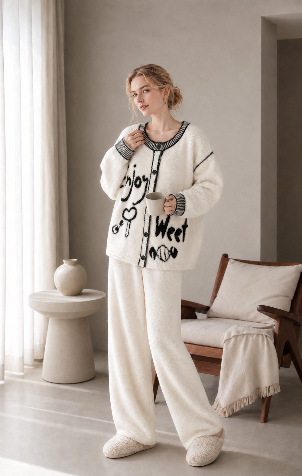 Off-White & Black Half Fleece Pajama Set, Long Sleeve Button Top with Contrast Trim, Elastic Drawstring Waist Pants