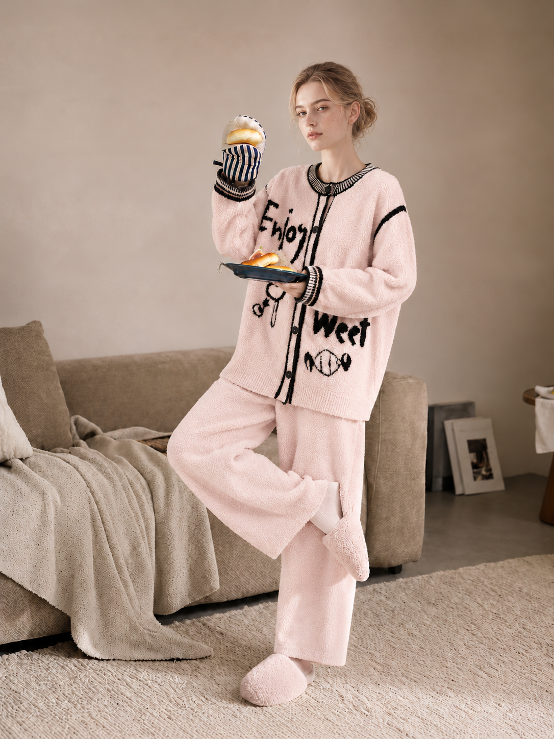 Light Pink Half Fleece Pajama Set, Contrast Trim Long Sleeve Button Top, Graffiti Print Drawstring Wide Leg Pants