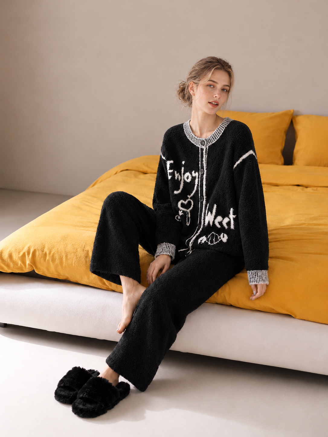 Black Half Fleece Pajama Set, Contrast Trim Long Sleeve Button Top, White Graffiti Print Drawstring Wide Leg Pants