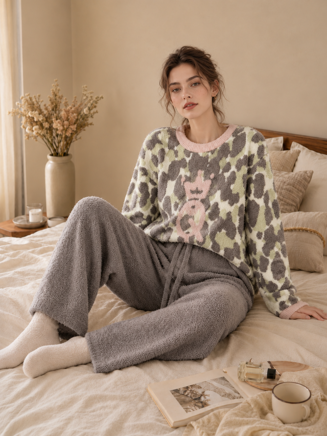 Women's Grey Green Leopard Half Fleece Loungewear Set, Pink Ribbed Crew Neck Top & Drawstring Wide Leg Pants, Chest Crown Graphic, Side Pockets