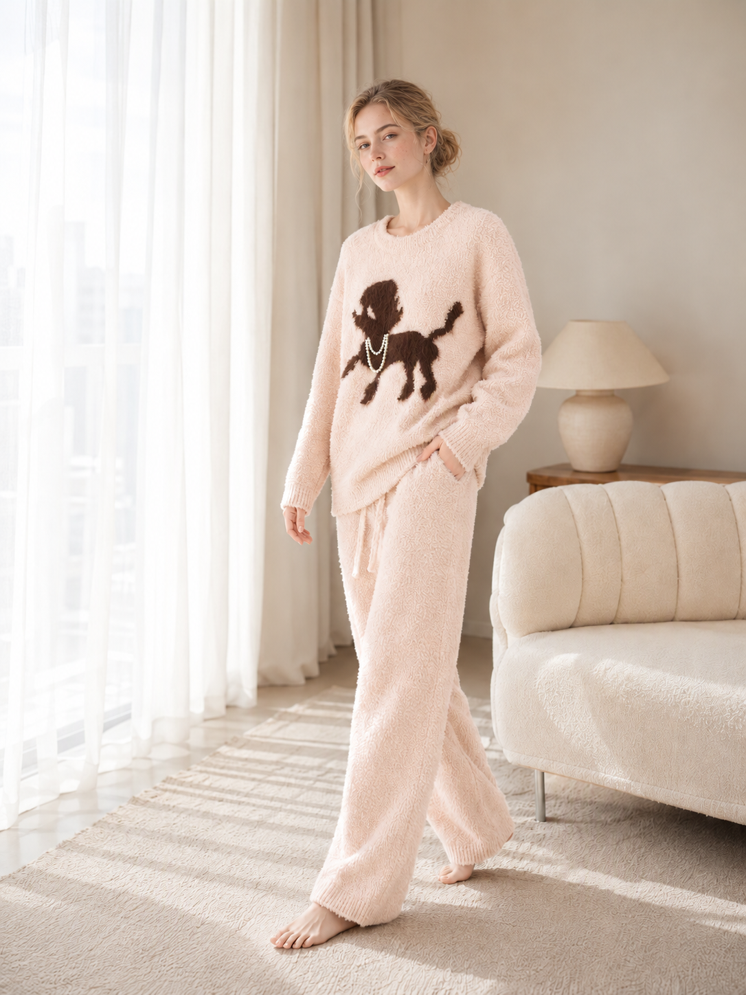 Women's Light Pink Half Fleece Sleepwear Set, Crew Neck Long Sleeve Top & Drawstring Wide Leg Trousers, Puppy Print with Pearl Detail