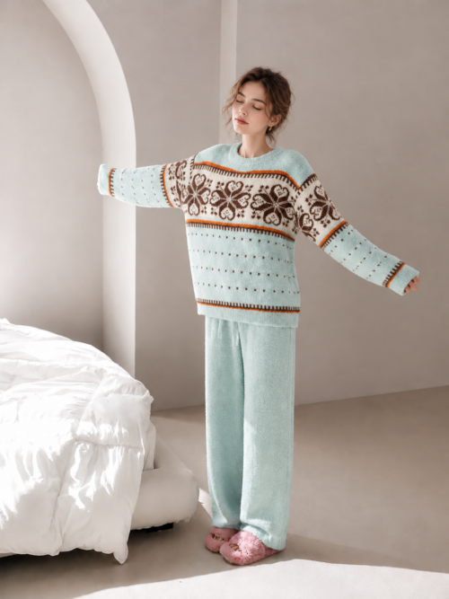 Women's Light Blue Fair Isle Half Fleece Loungewear Set, Crew Neck Long Sleeve Top & Drawstring Pants, Fair Isle Floral Print, Ribbed Trims, Side Pockets
