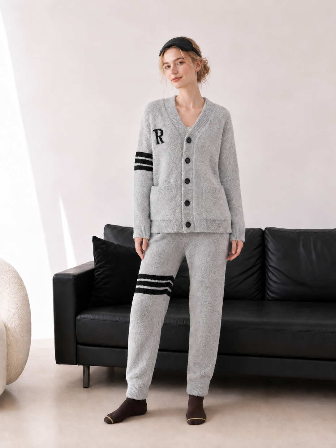 R Letter Varsity Stripe V-Neck Half Fleece Pajama Set Women's Heather Grey Warm Winter Loungewear - Image 6