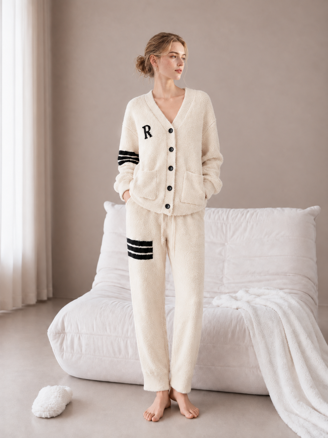 R Letter Varsity Stripe V-Neck Half Fleece Pajama Set Women's Heather Grey Warm Winter Loungewear - Image 20