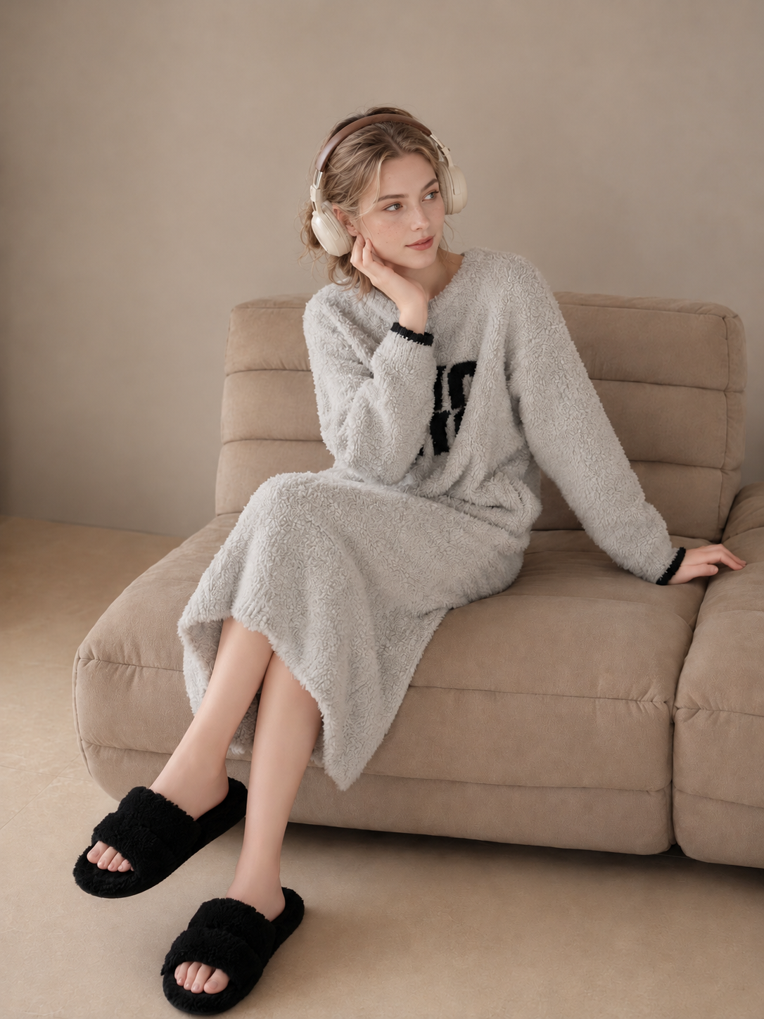 3D Letter Embroidery Crew Neck Half Fleece Nightgown Women's Beige Contrast Cuff Warm Winter Sleep Dress - Image 14