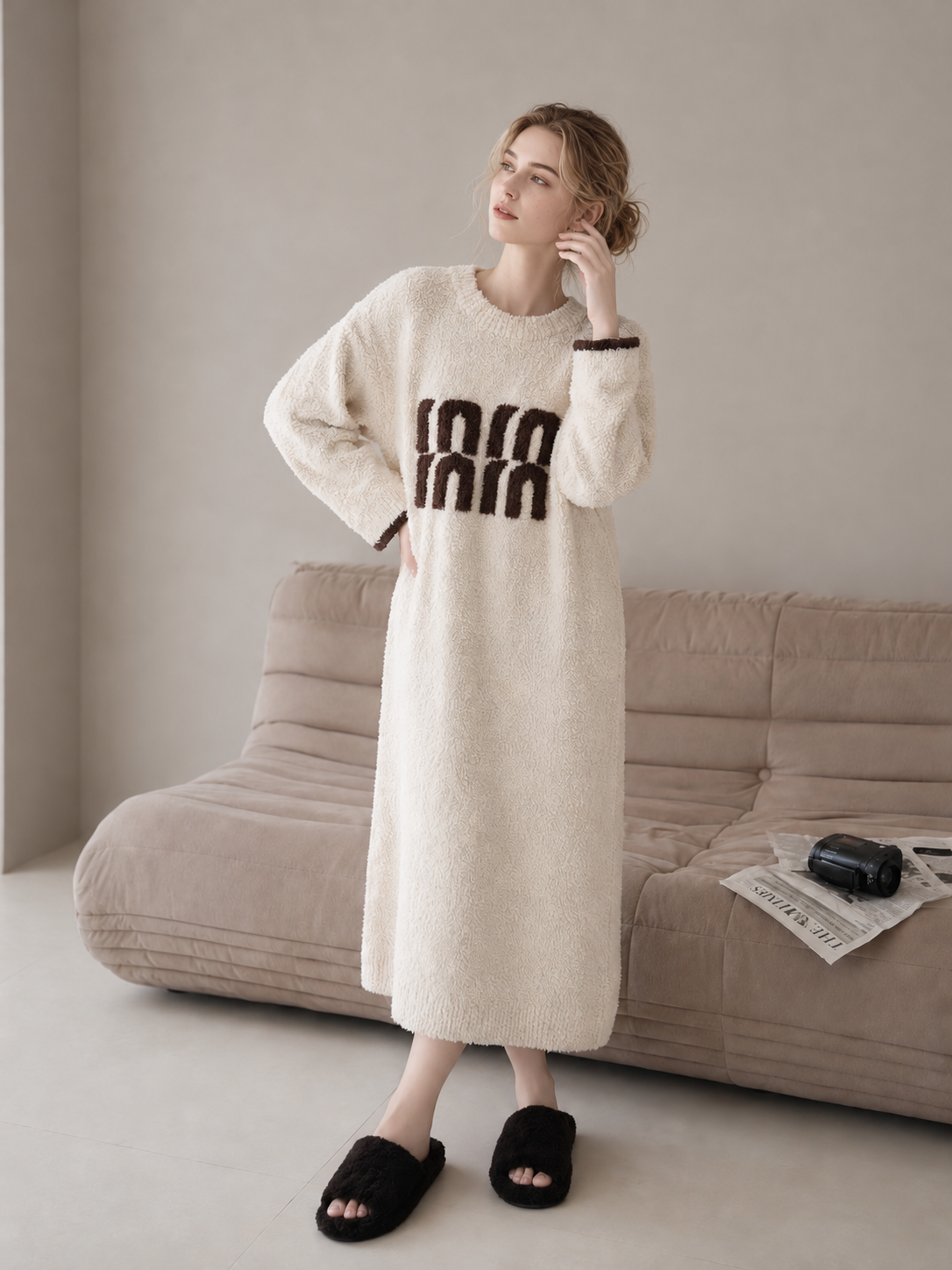 3D Letter Embroidery Crew Neck Half Fleece Nightgown Women's Beige Contrast Cuff Warm Winter Sleep Dress - Image 5