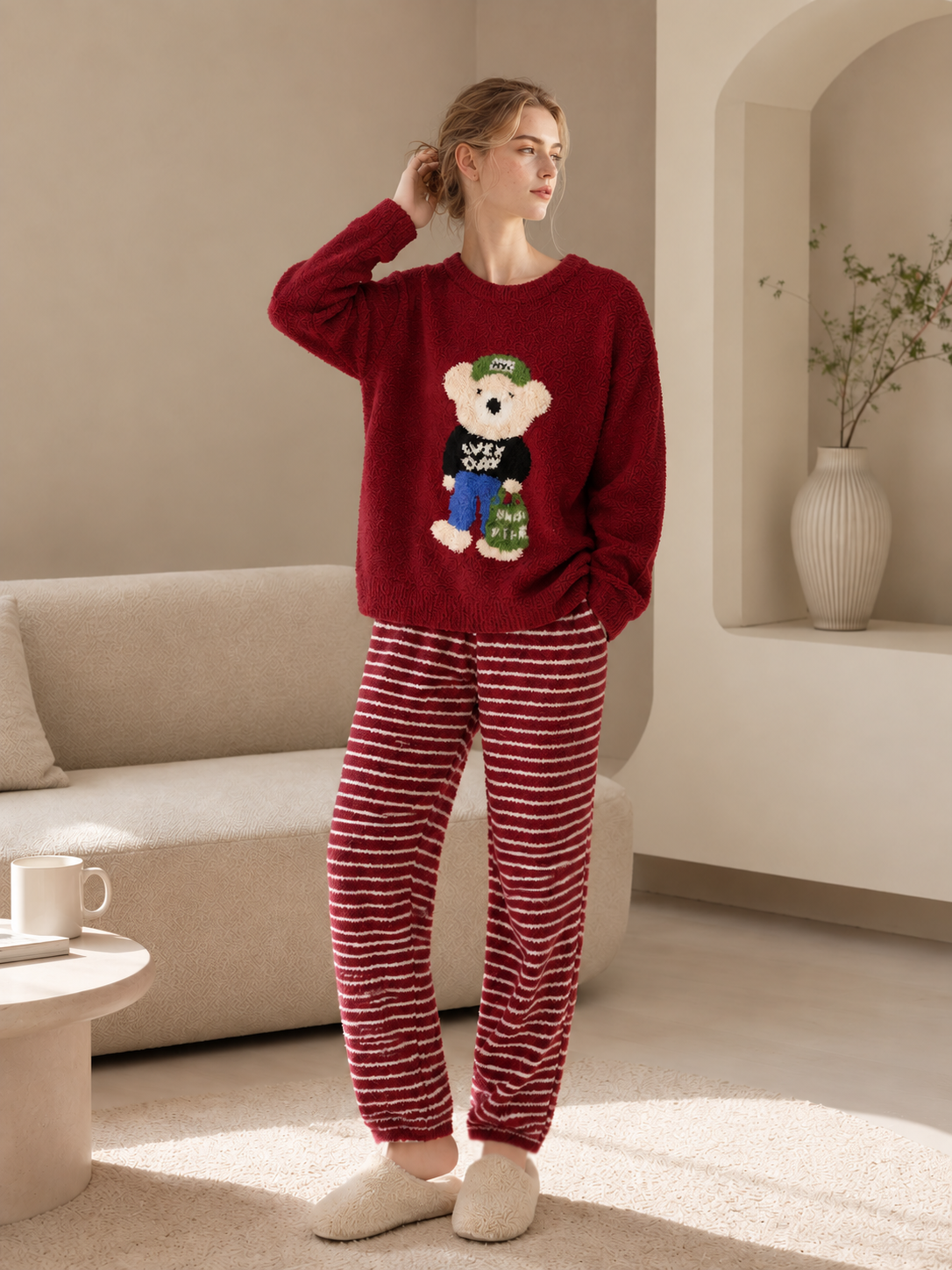 Teddy Bear Print Crew Neck Half Fleece Pajama Set Women's Red Striped Jogger Pants Warm Winter Loungewear - Image 13