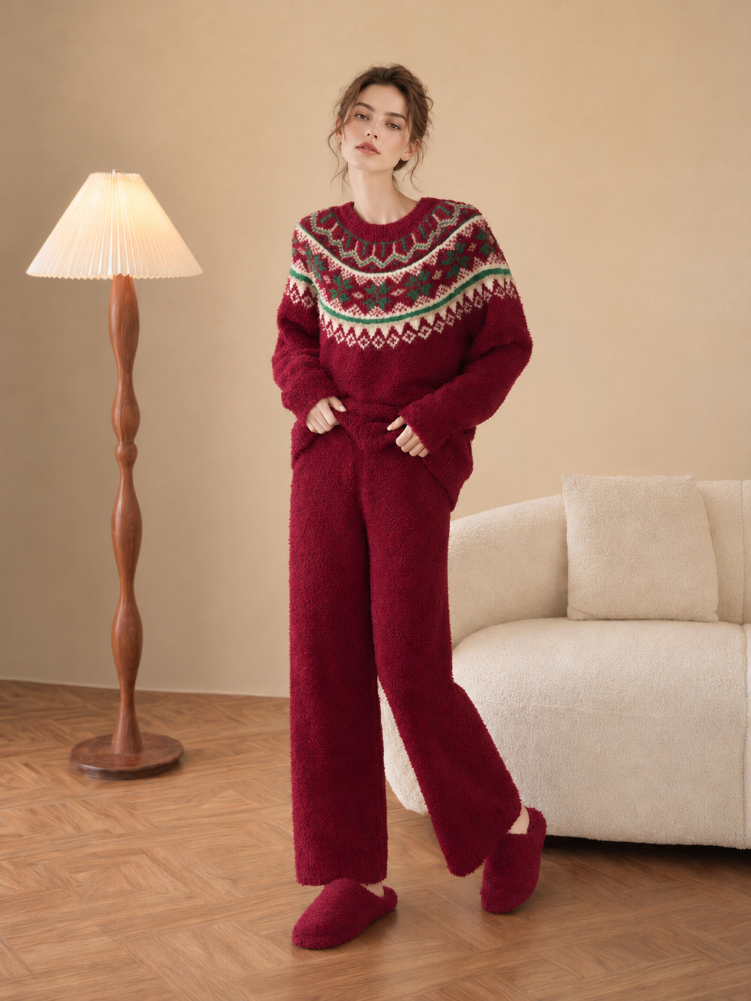 Cream Fair Isle Yoke Crew Neck Half Fleece Pajama Set Women's Vintage Winter Loungewear - 이미지 18