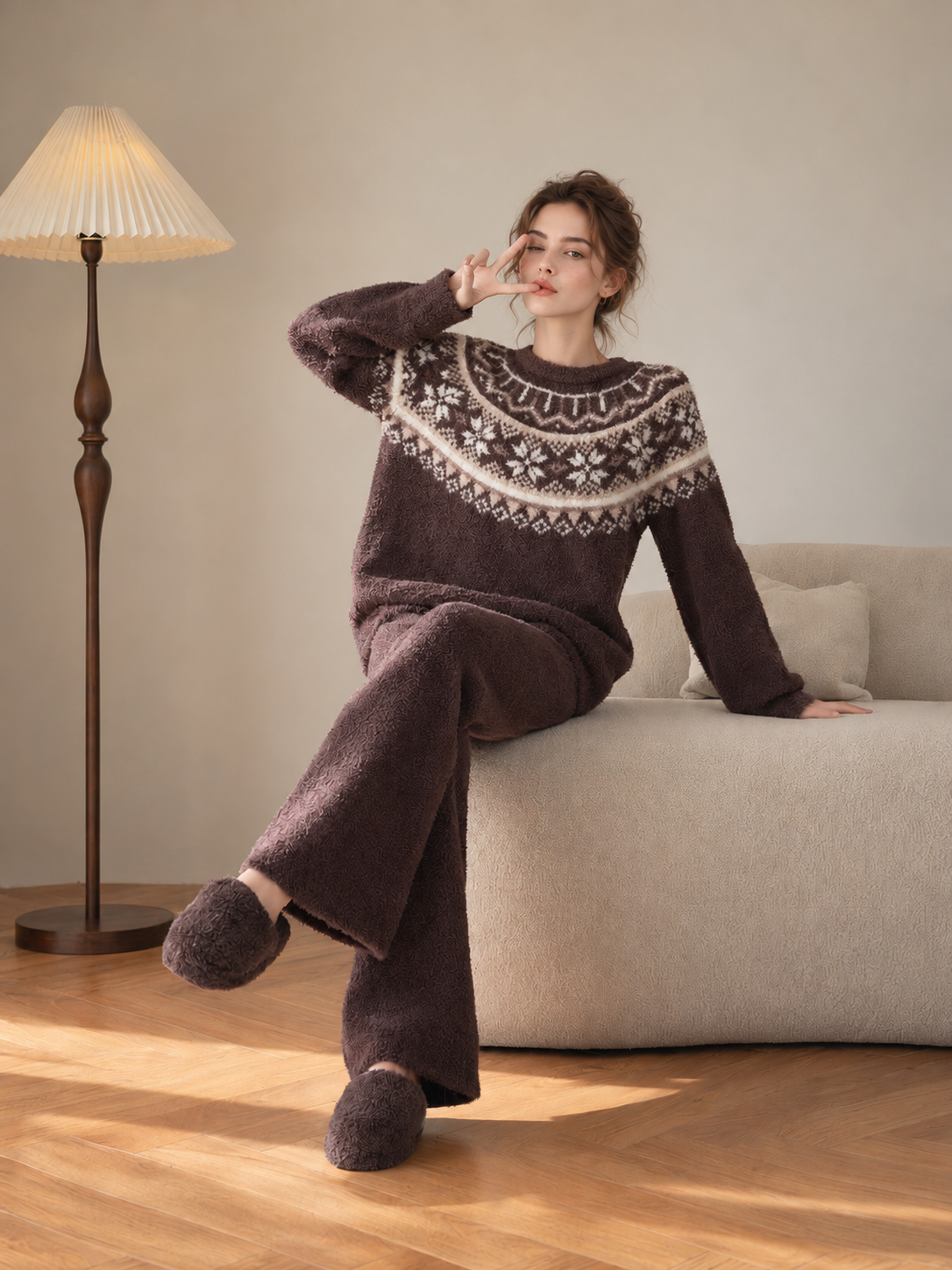 Cream Fair Isle Yoke Crew Neck Half Fleece Pajama Set Women's Vintage Winter Loungewear - 이미지 13