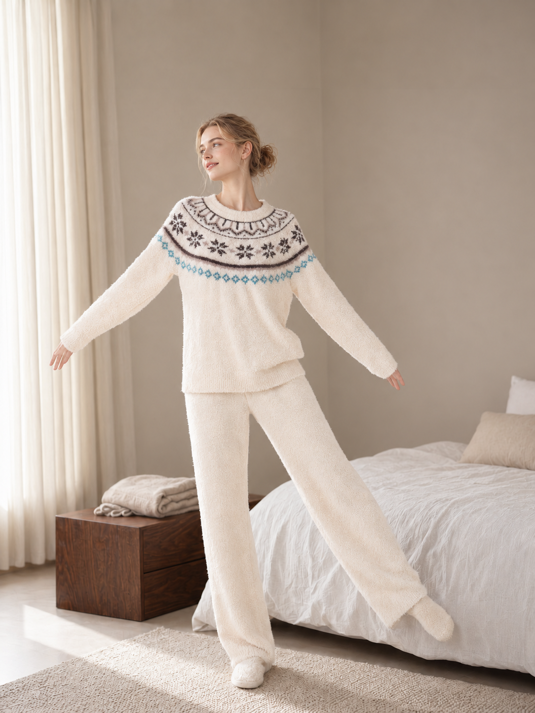Cream Fair Isle Yoke Crew Neck Half Fleece Pajama Set Women's Vintage Winter Loungewear - 이미지 4