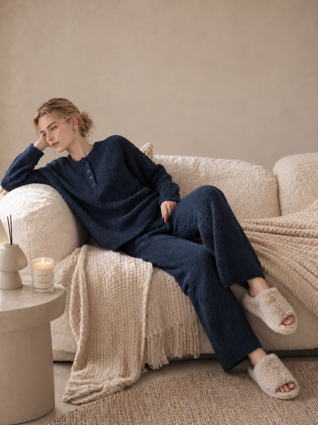 Oatmeal Henley Half Fleece Pajama Set Men's Warm Winter Loungewear with Pockets - Image 4