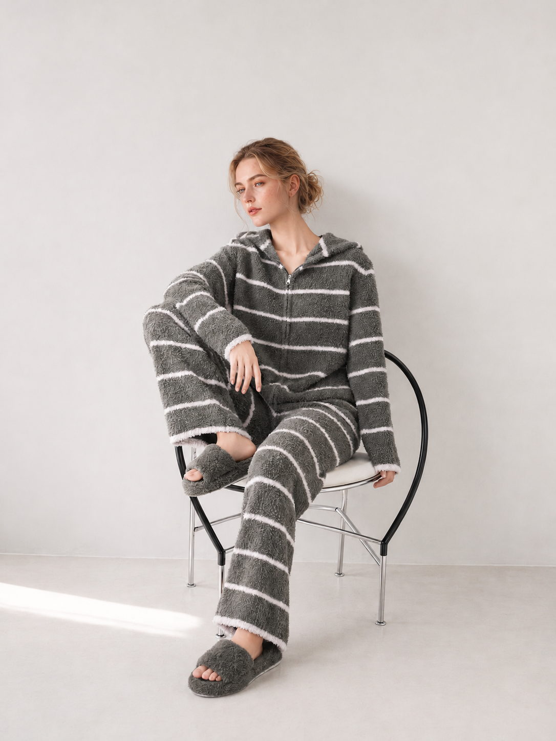 Green White Striped Zip Up Hooded Half Fleece Pajama Set Women's Warm Winter Loungewear with Pockets - Image 15