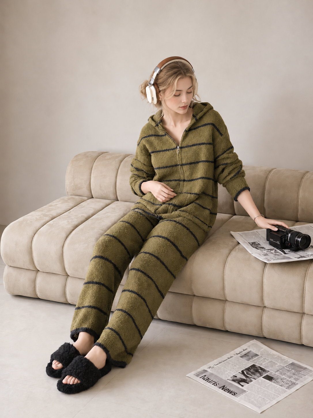 Green White Striped Zip Up Hooded Half Fleece Pajama Set Women's Warm Winter Loungewear with Pockets - Image 6