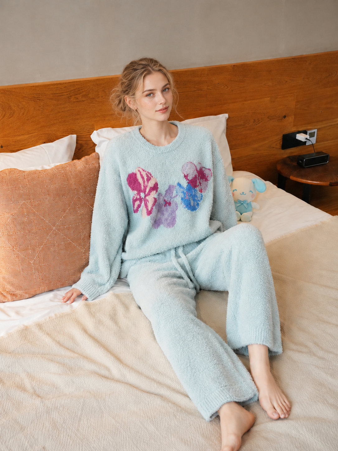 Cream Colorful Floral Print Crew Neck Half Fleece Pajama Set Women's Warm Winter Loungewear - Image 3