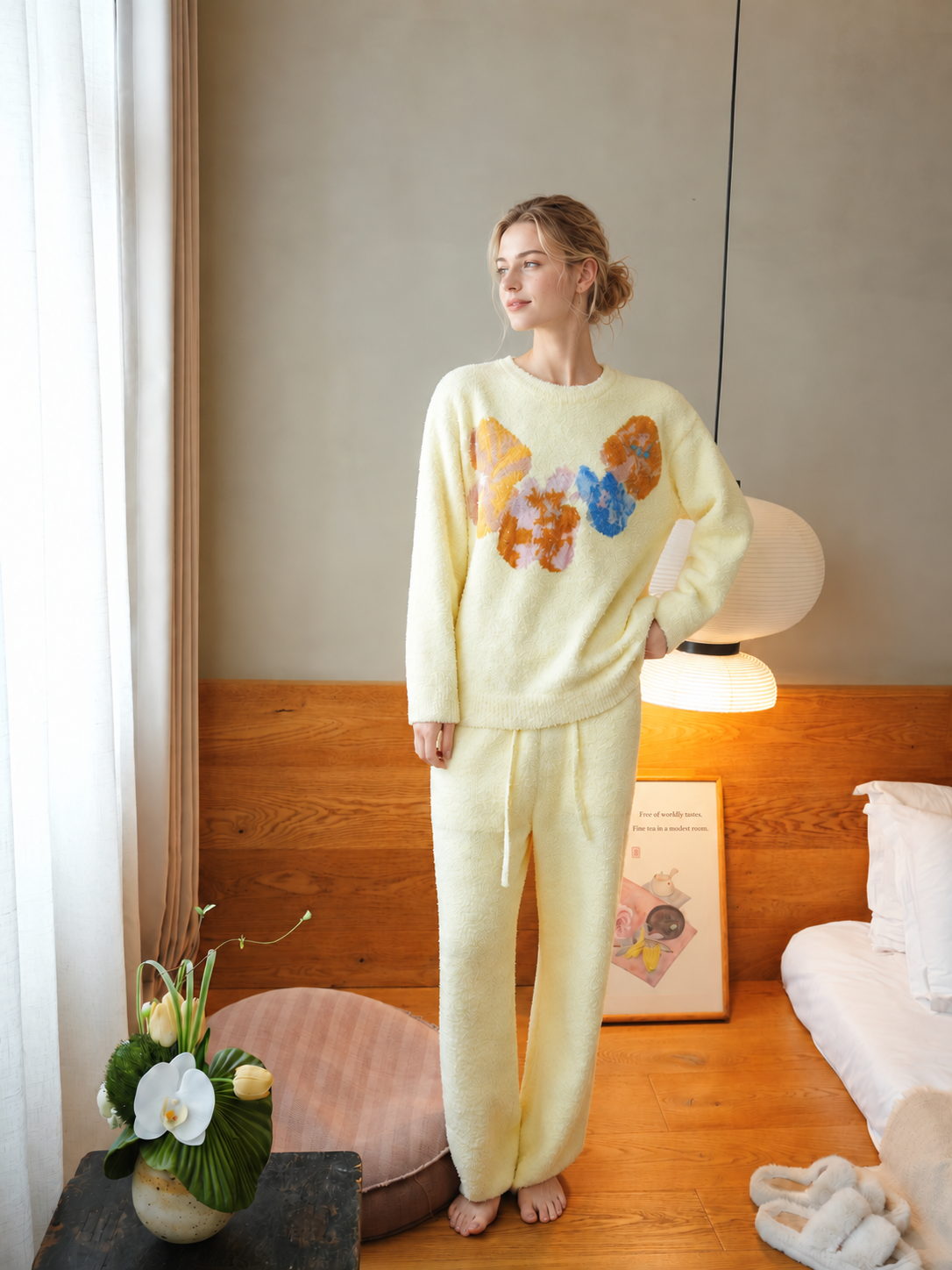 Cream Colorful Floral Print Crew Neck Half Fleece Pajama Set Women's Warm Winter Loungewear - Image 29