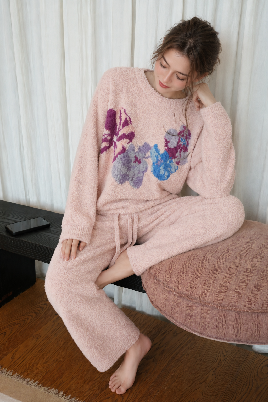 Cream Colorful Floral Print Crew Neck Half Fleece Pajama Set Women's Warm Winter Loungewear - Image 9