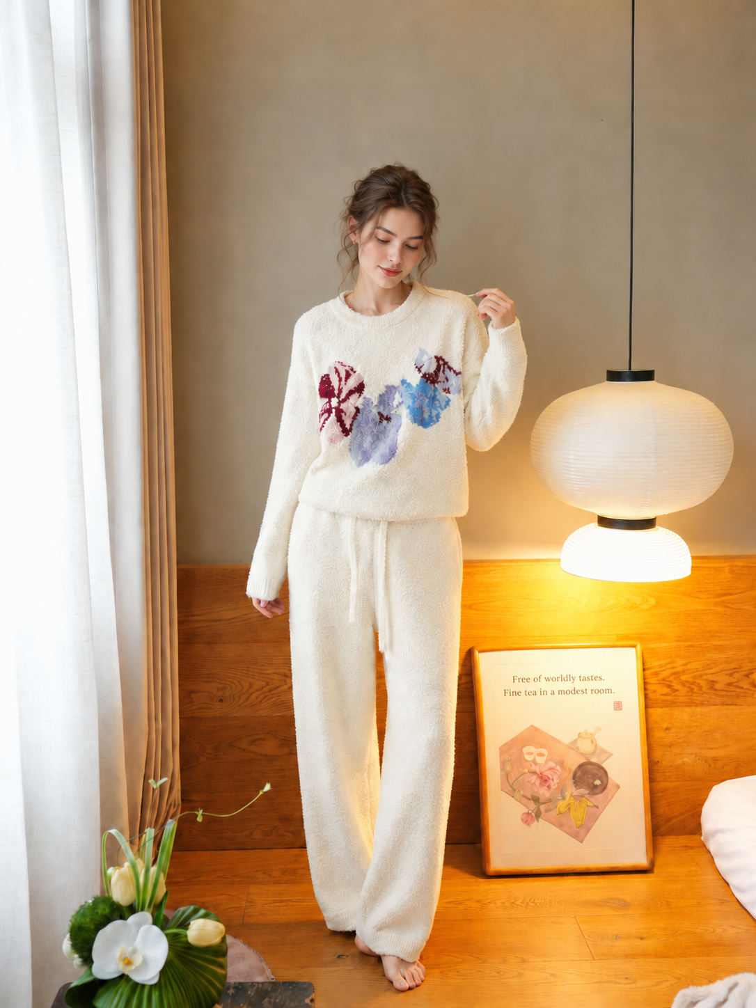 Cream Colorful Floral Print Crew Neck Half Fleece Pajama Set Women's Warm Winter Loungewear - Image 19