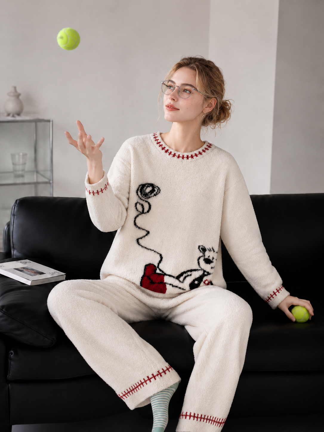 Women's Off-White Half Fleece Pajama Set, Crew Neck Long Sleeve Top & Drawstring Wide Leg Pants, Bear Jacquard Pattern, Red Contrast Cuffs & Hems