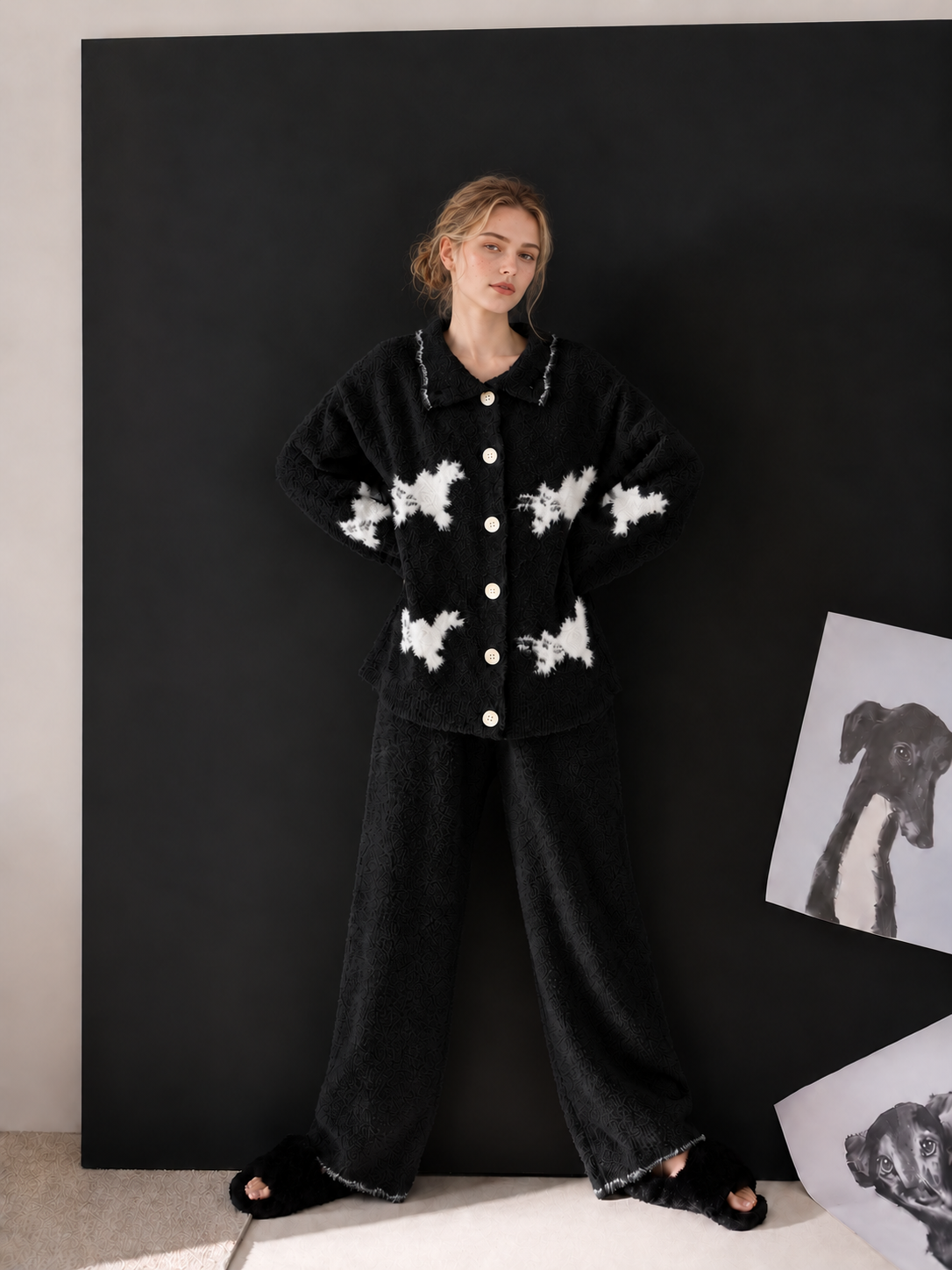 Women's Black Half Fleece Sleepwear Set, Full Front View Collared Button Top & Wide Leg Trousers, White Puppy Pattern, Textured Half Fleece