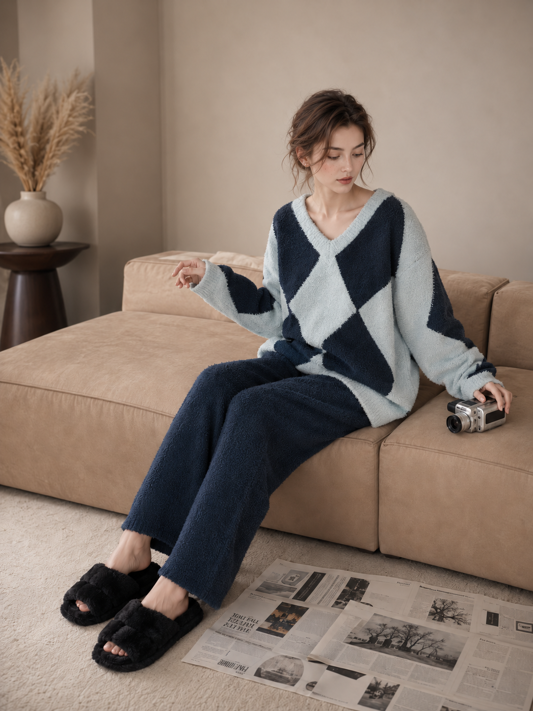 Women's Argyle Half Fleece Sleepwear Set, V-Neck Long Sleeve Top, Navy Wide Leg Pants with Pockets, Contrast Color Design