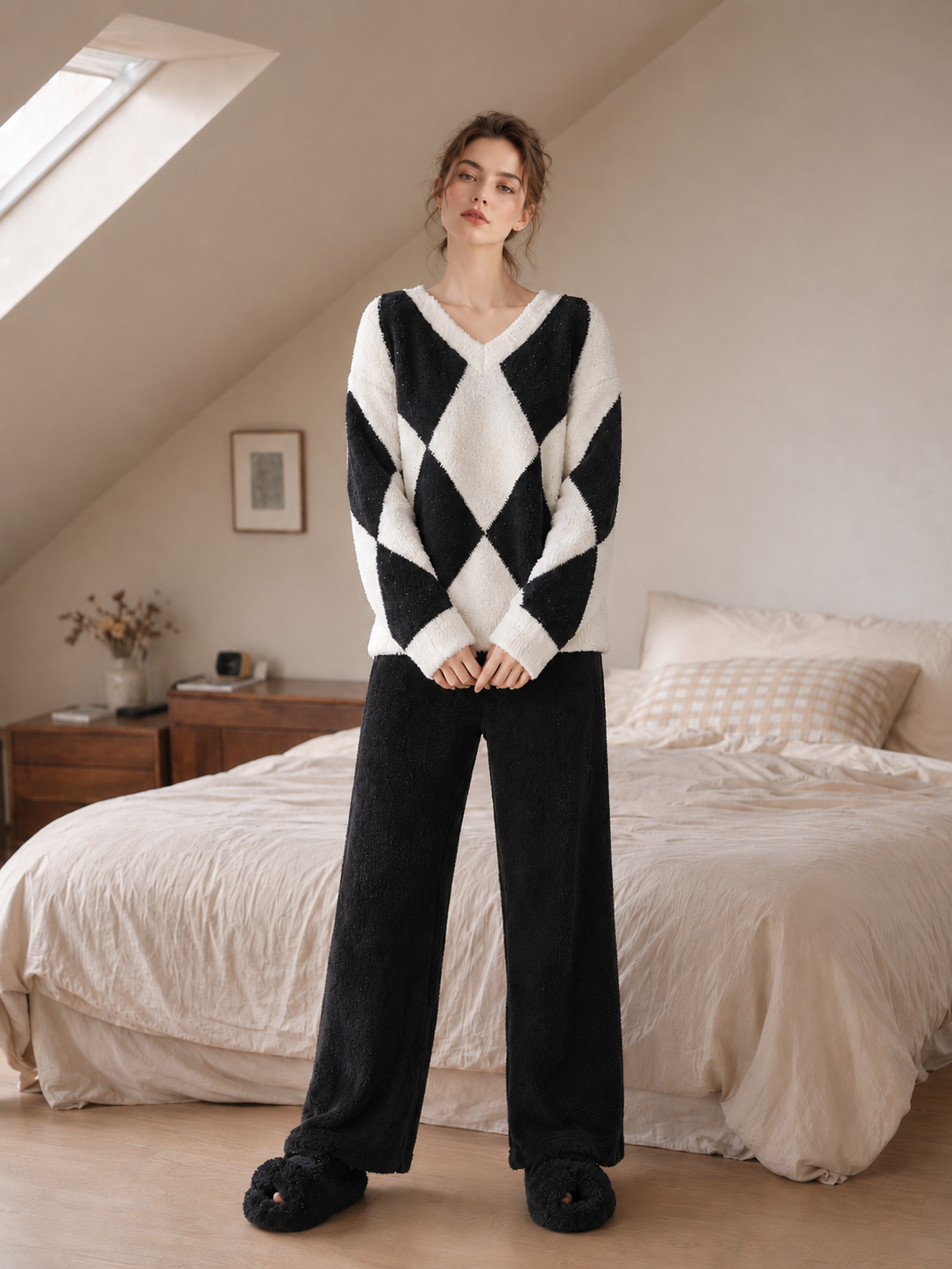 Women's Argyle Half Fleece Sleepwear Set, V-Neck Long Sleeve Top, Black Wide Leg Pants with Pockets, Contrast Color Design