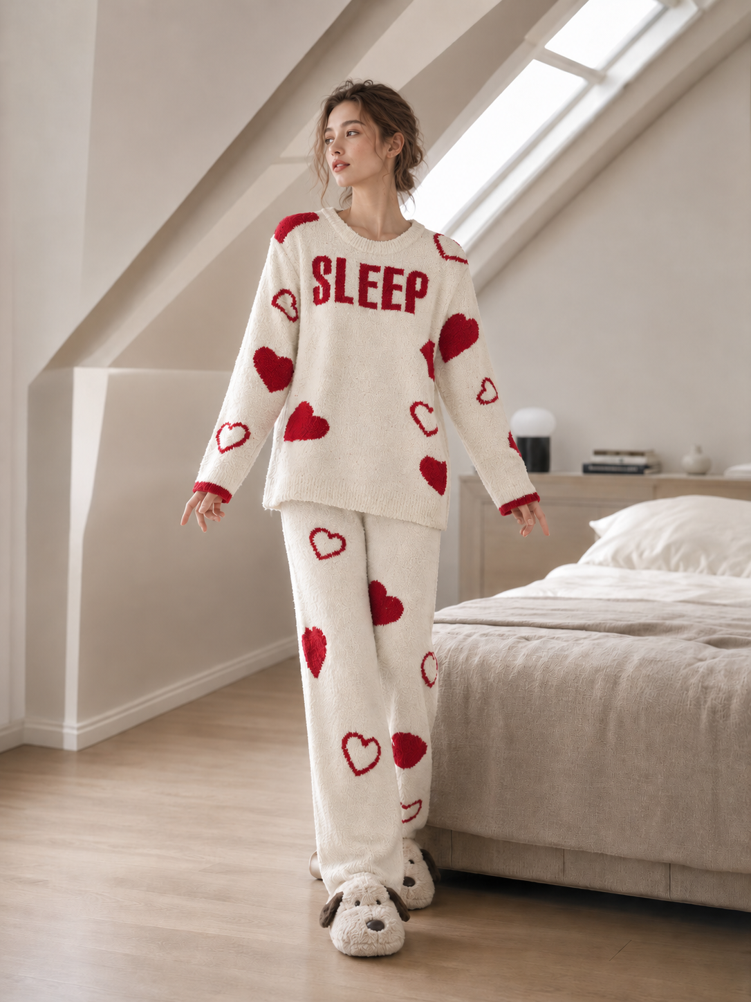 Women's Cream and Red Half Fleece Sleepwear Set, Crew Neck Long Sleeve Pullover Top & Elastic Waist Wide Leg Trousers, Heart Pattern, Contrast Ribbed Trim