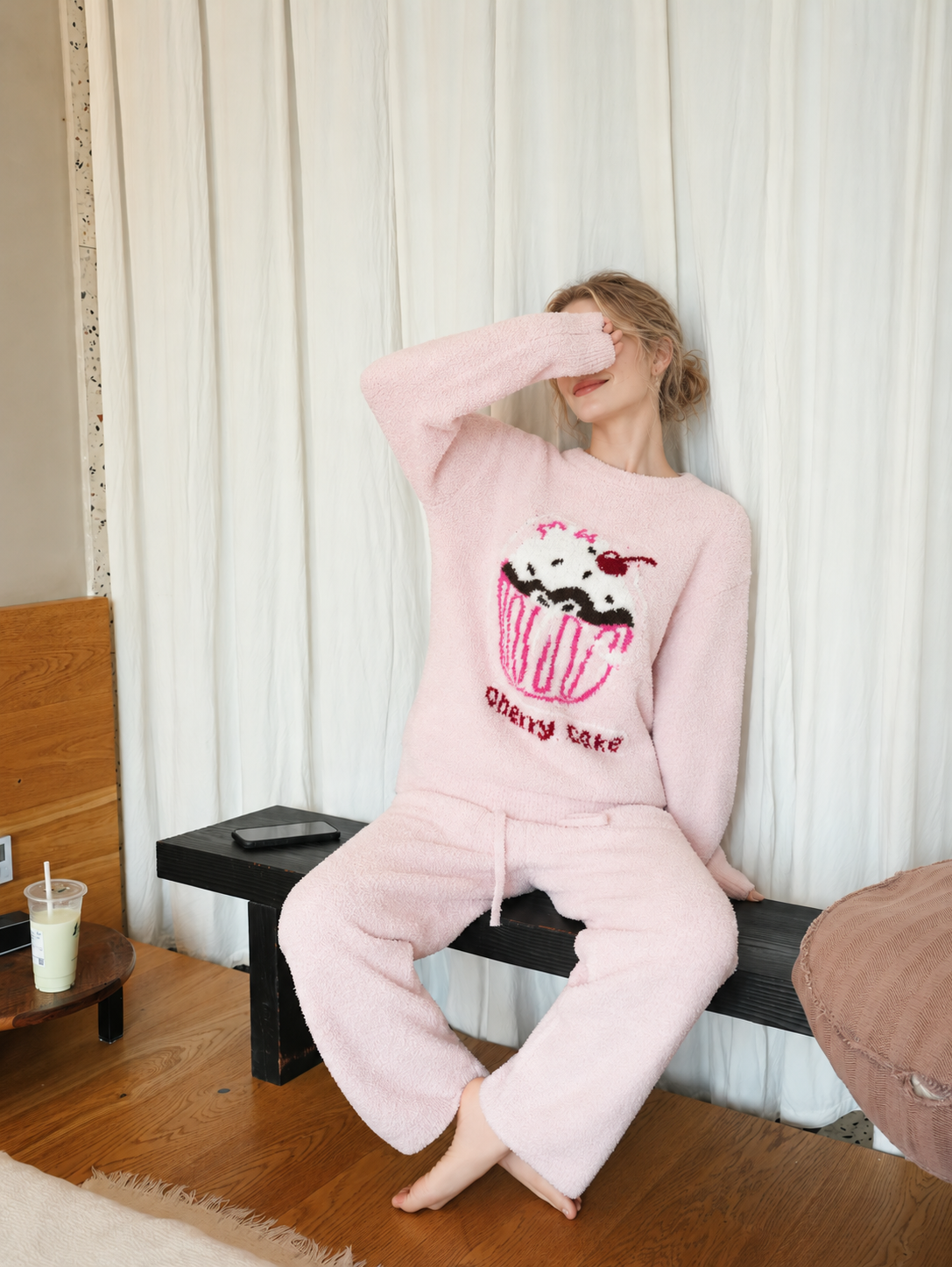 Women's Pink Half Fleece Sleepwear Set, Crew Neck Long Sleeve Top & Wide Leg Pants, "Cherry Cake" Lettering Cupcake Pattern, Pocket Detail