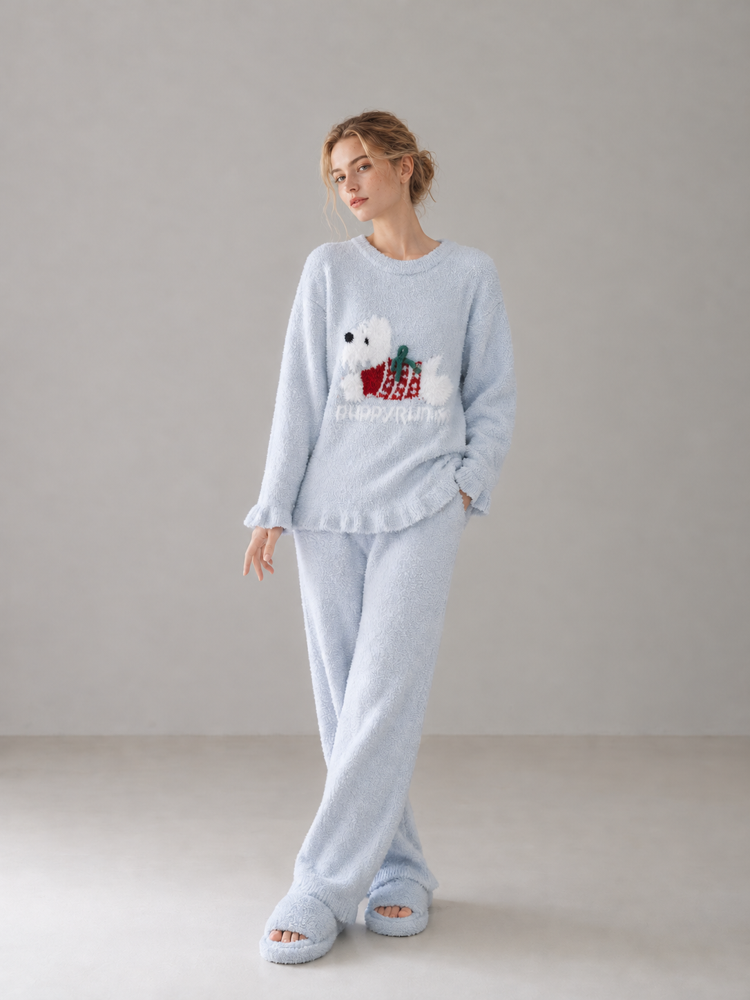 Women's Sky Blue and White Half Fleece Sleepwear Set, Crew Neck Long Sleeve Top & Elastic Waist Wide Leg Trousers, Puppy Jacquard Pattern, Side Pocket Detail