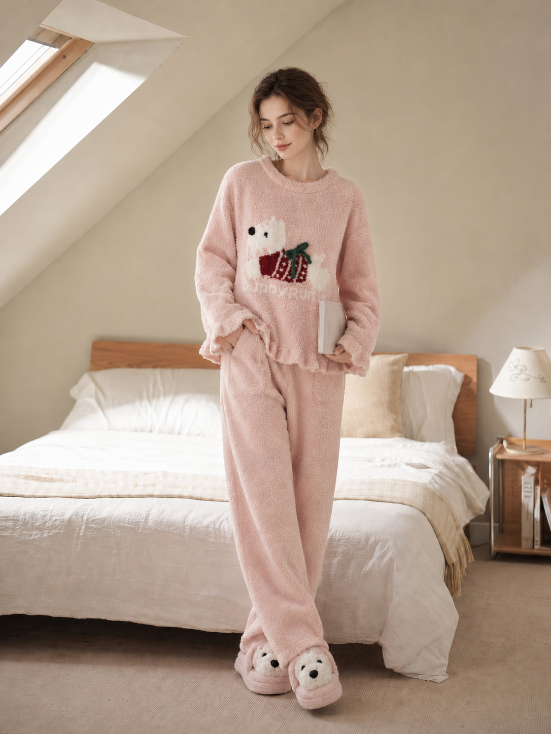 Women's Blush Pink and White Half Fleece Sleepwear Set, Crew Neck Long Sleeve Top & Elastic Waist Wide Leg Trousers, Puppy Jacquard Pattern, Side Pocket Detail