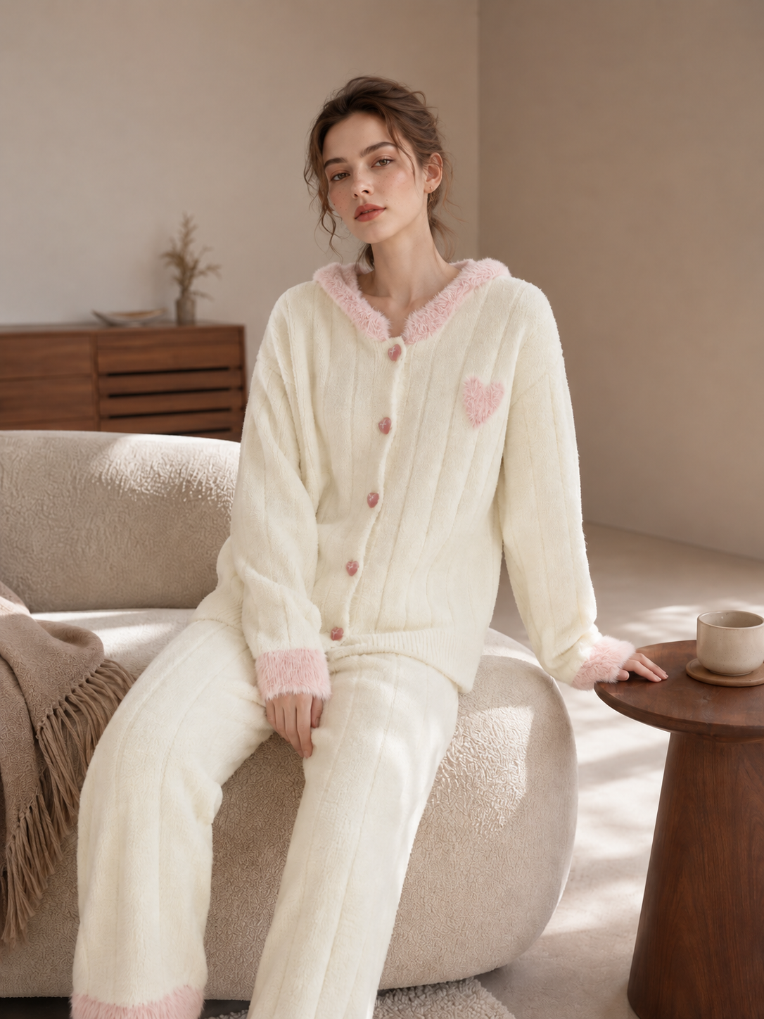 Women's Cream and Pink Half Fleece Sleepwear Set, Back Bunny Ear Hooded Full Button Top & Elastic Waist Wide Leg Trousers, Vertical Ribbed Knit, Furry Contrast Trim