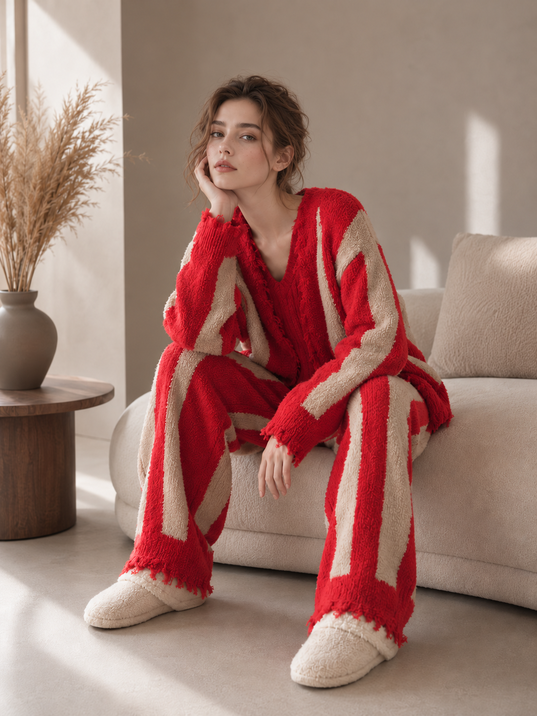 Women's Red & Beige Half Fleece 3-Piece Pajama Set, Vertical Stripe Frayed Trim Cardigan & V-neck Camisole & Wide Leg Pants, Angled Front View